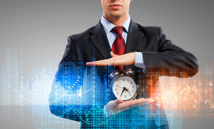 Image of businessman holding alarmclock against illustration background-1